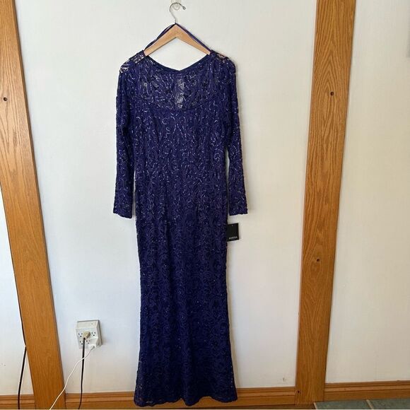 Marina Long Sleeve Illusion Neckline Sequined Lace Dress in Cobalt Blue - Picture 2 of 14